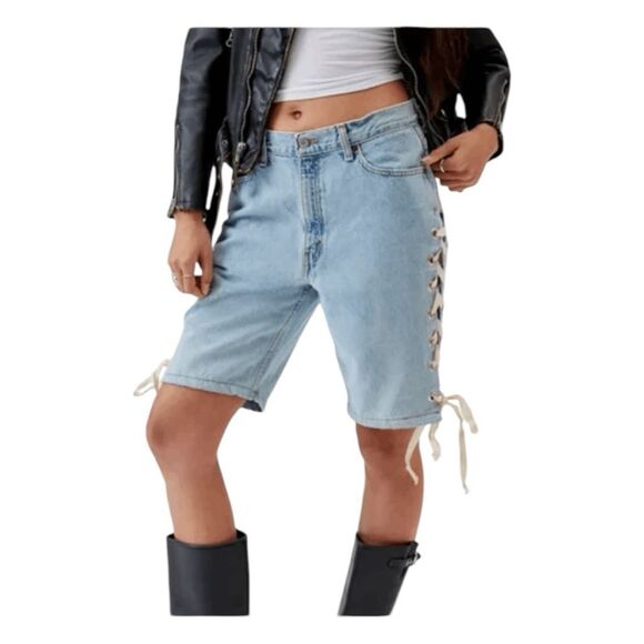 Urban Renewal Remade Levi's Lace Up Denim Jort Jean Shorts Blue Medium Wash 30 - Picture 1 of 10